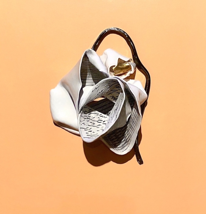 Porcelain rose-form sculpture with hatched line pattern and gold accent by Aida Izadpanah, from the Alignment series, 2020