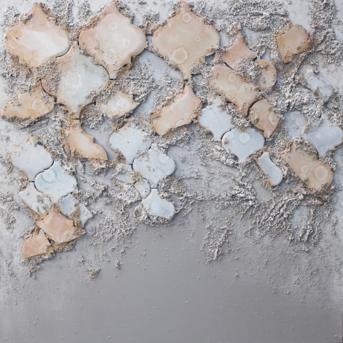 Mixed media textured painting in grey with peach-toned porcelain tiles, Manifestation series