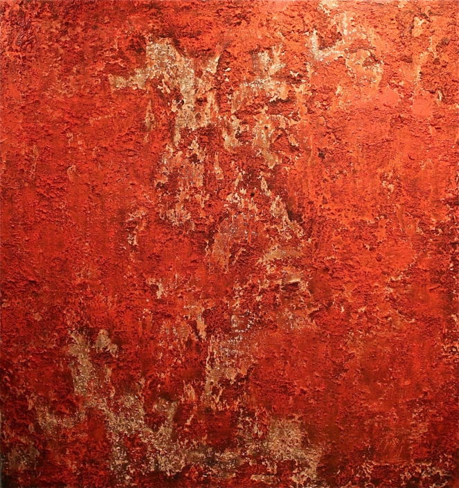 Deep red and rust textured mixed media painting with warm tan streak marks, Revelation series